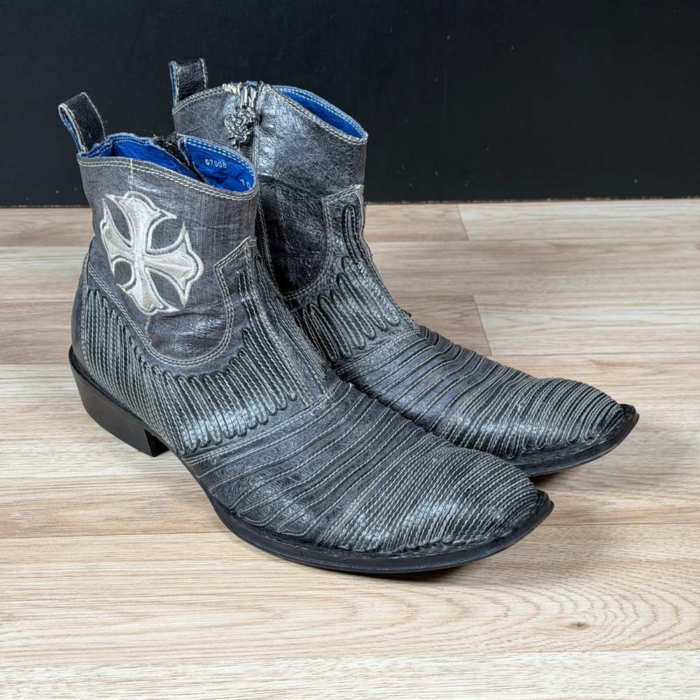 Mark Nason Rock Lives Ankle Boots Mens Size 10 Grey Blue Leather Cross Side Zip